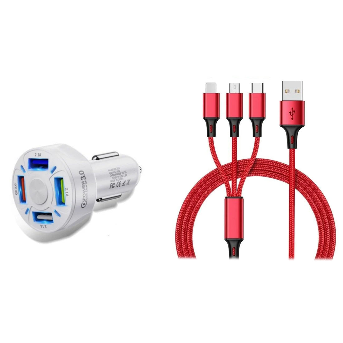 4 Port LED Car Charger + 3-in-1 Cable Combo Browse For Sale