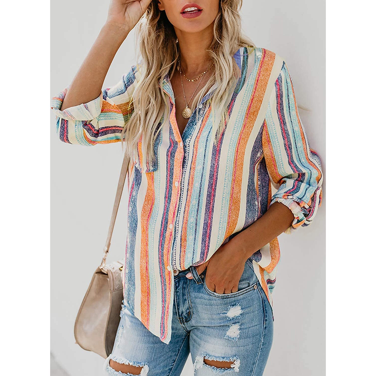 Women's V-Neck Striped Roll-Up Cuff Shirt Buy Online Cheap Pice