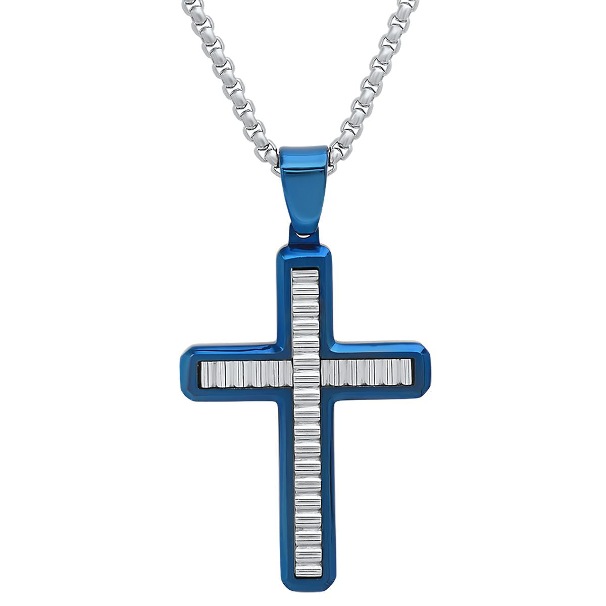 Men's Two Tone Stainless Steel and Blue IP Cross with Waives Inlay Pendant Get Authentic Cheap Online