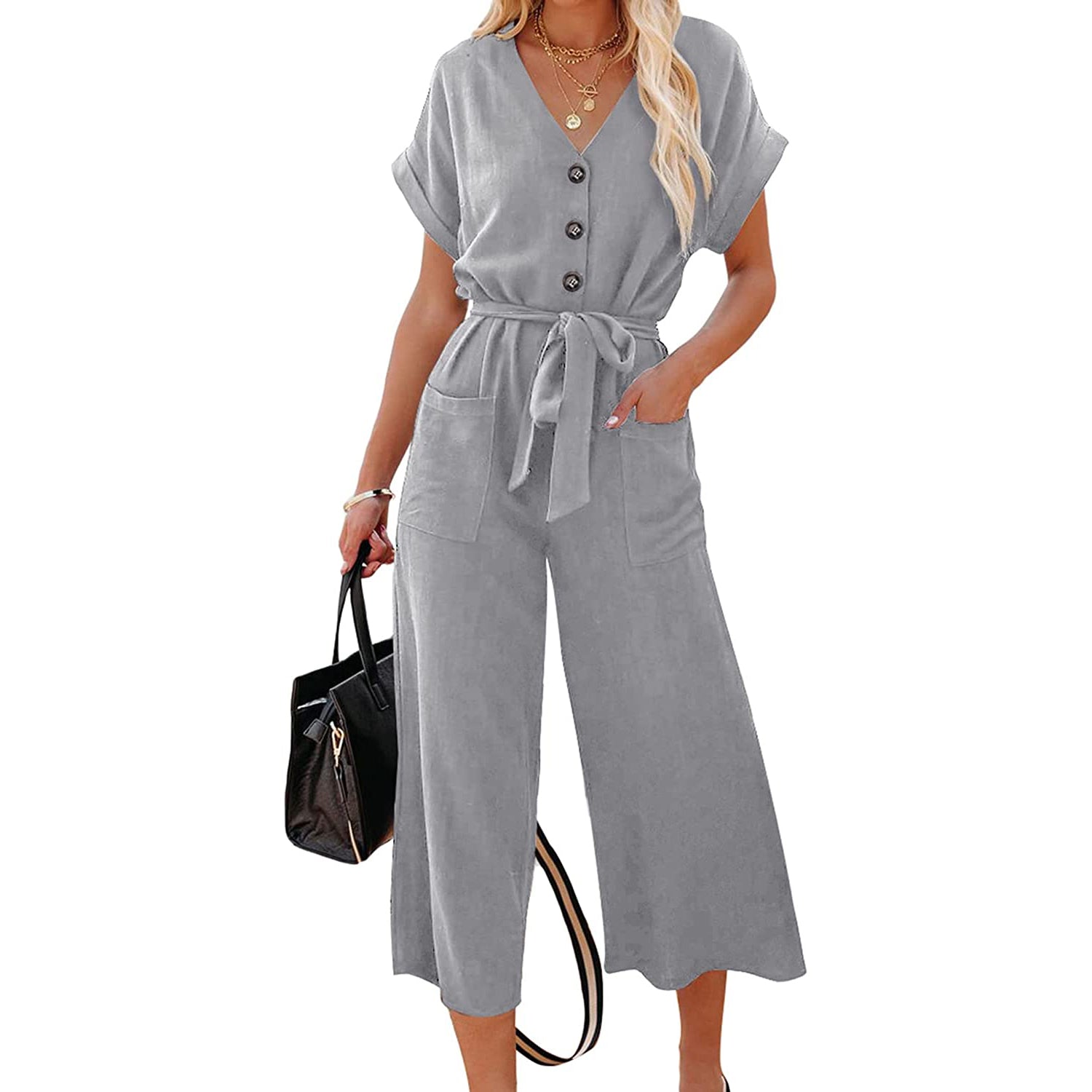 Women's Short Sleeve V Neck Button Belt Wide Leg Jumpsuit Free Shipping Fast Delivery