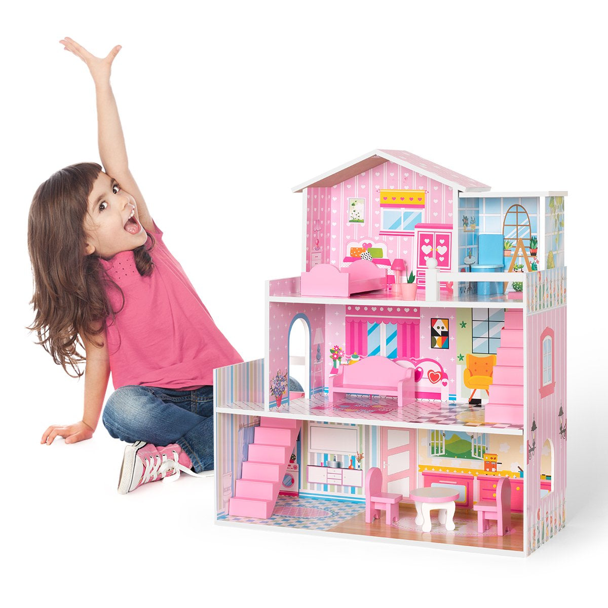 Wooden Dollhouse with Furniture, Doll House Playset for Kids Clearance How Much