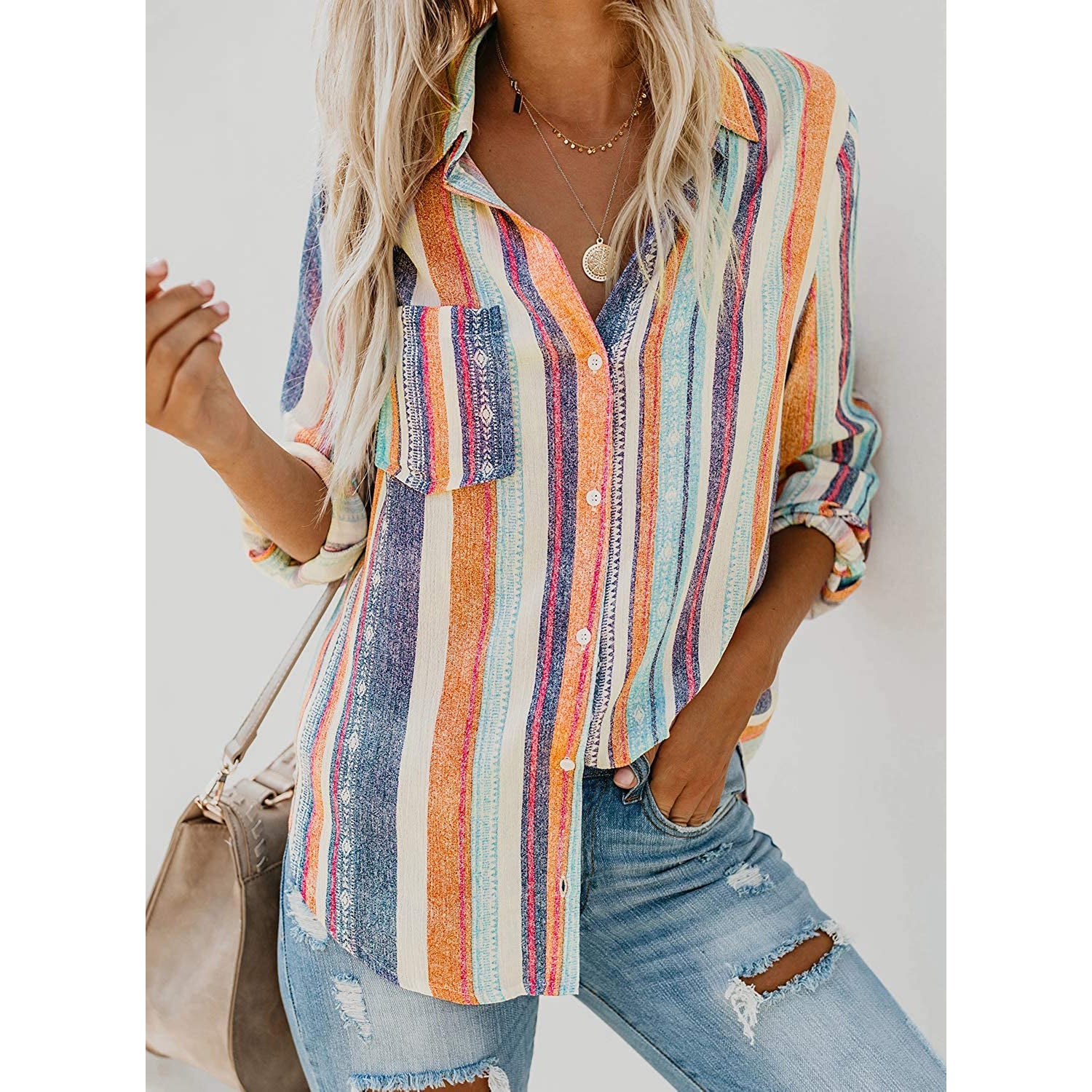 Women's V-Neck Striped Roll-Up Cuff Shirt Buy Online Cheap Pice