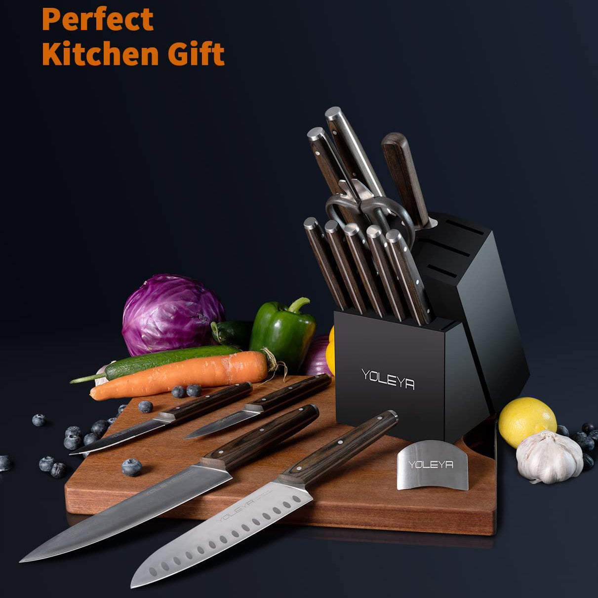 15-Pieces Set: YOLEYA Kitchen Knife Set with Block Wooden Triple Rivets Outlet Newest
