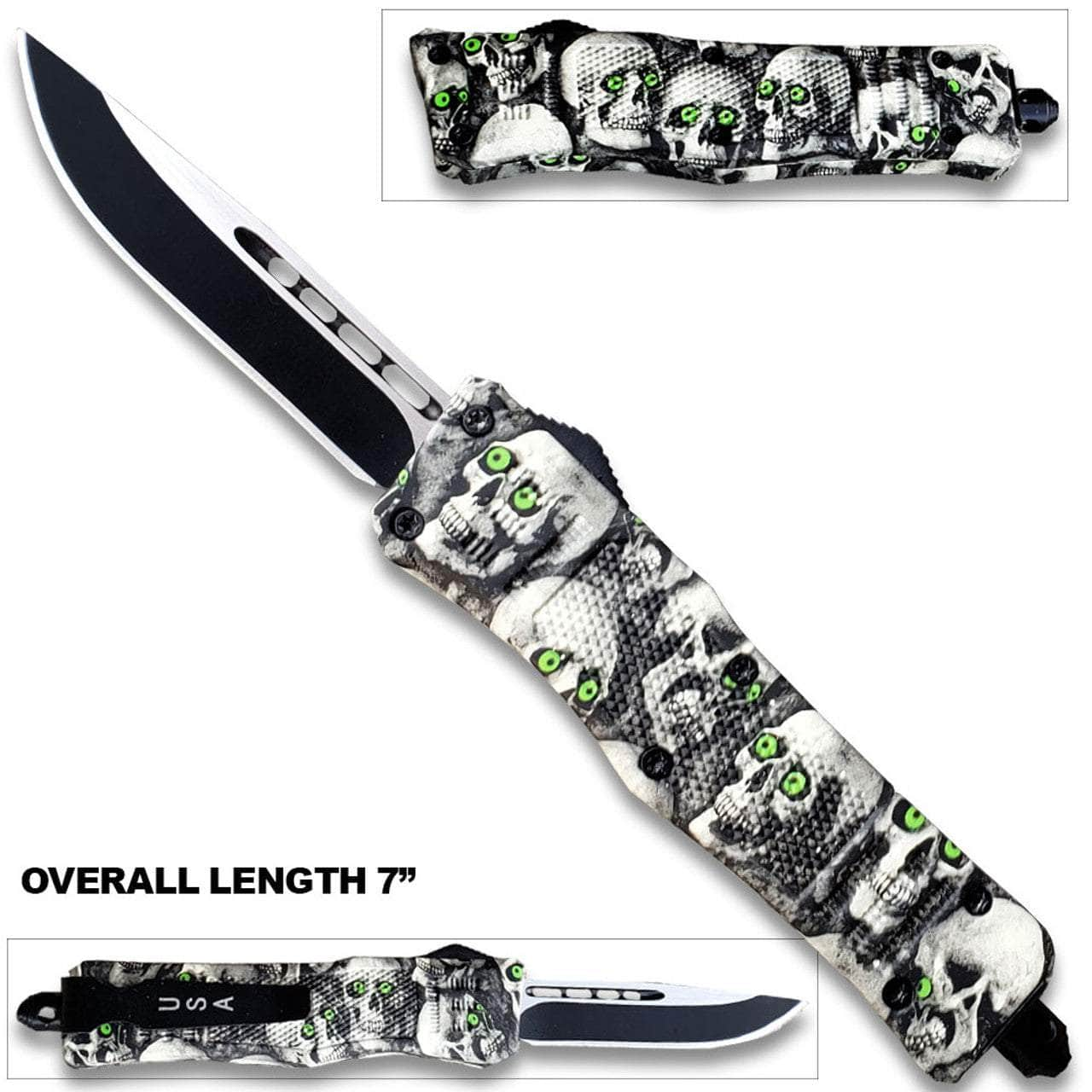 3D Skull with Black & White Zombie Tanto Blade OTF Knife OTFL-12TSK Outlet Geniue Stockist