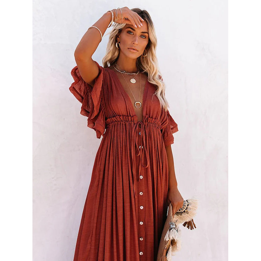 Women's Deep V Vacation Sexy Loose Dress Discount Cheapest Pice