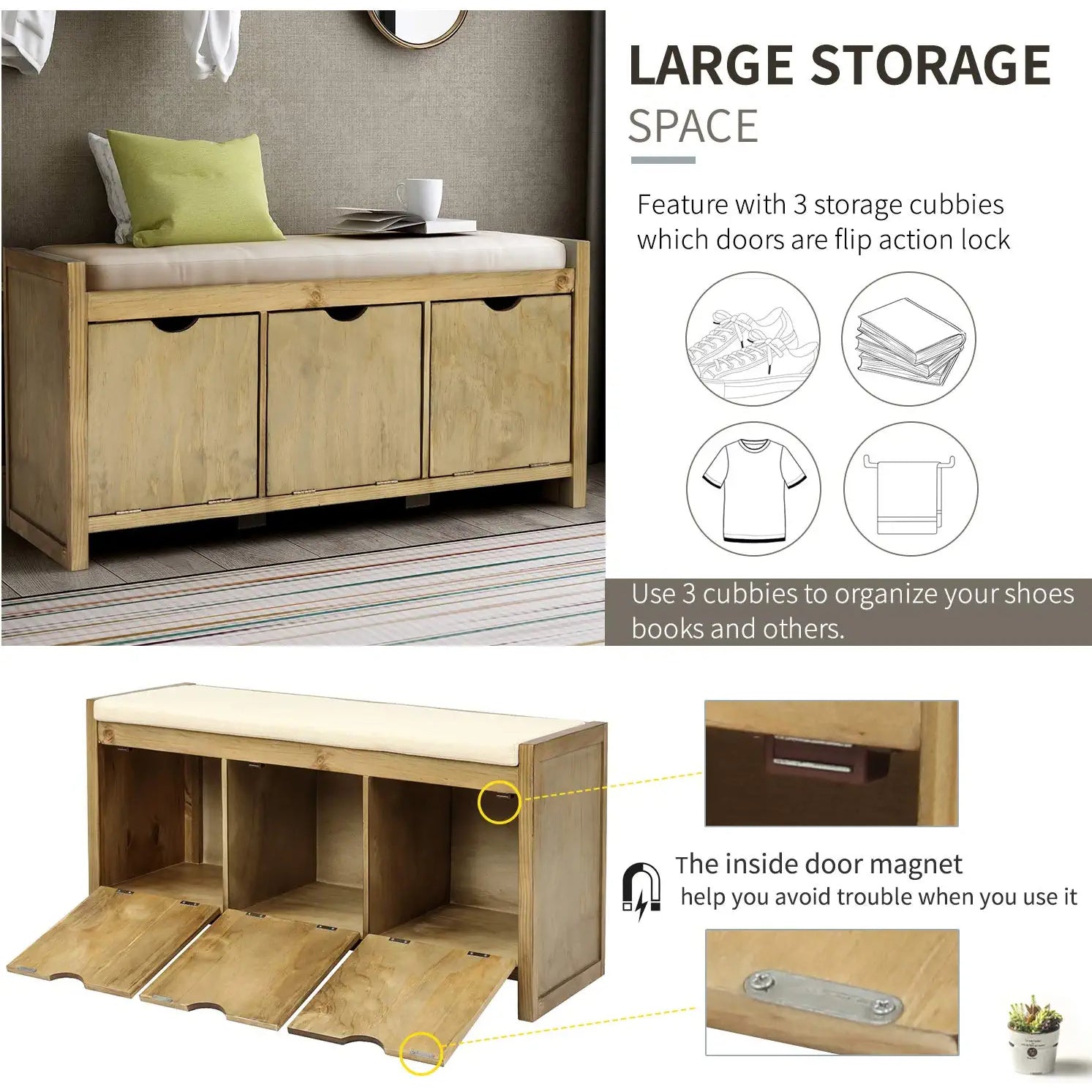 Storage Bench with Removable Cushion and 3 Flip Lock Storage Cubbies For Sale Official Site