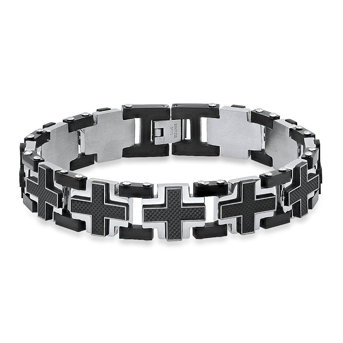 Men's Two Tone Black IP Stainless Steel and Black Carbon Fiber Cross Links Bracelet Enjoy Cheap Online