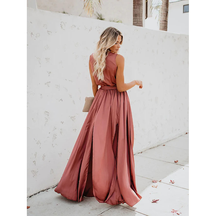 Women's Solid Color Slit Tie Maxi Dress Sale Good Selling