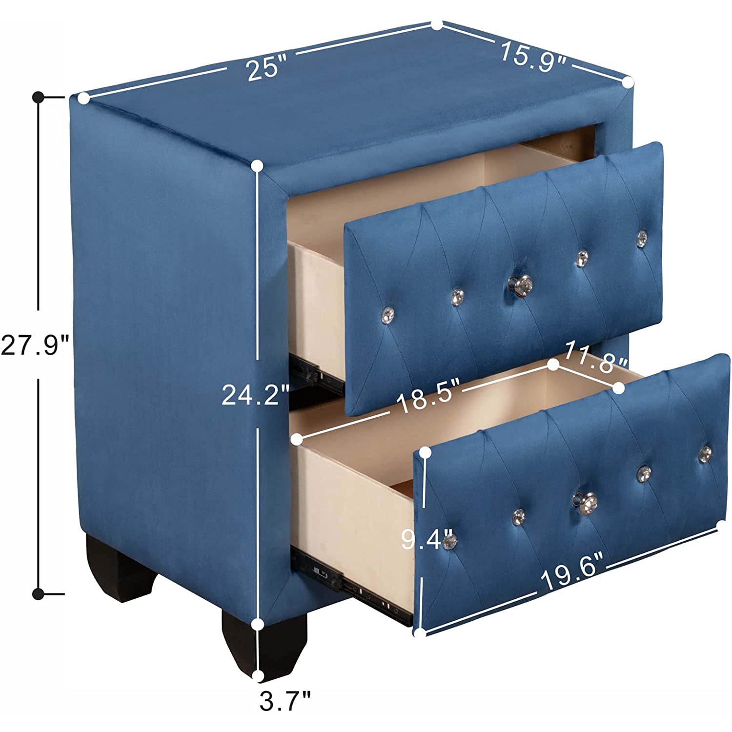 27.9 Tall Bedside Table Blue Upholstered Velvet 2-Drawer Nightstand Websites Online