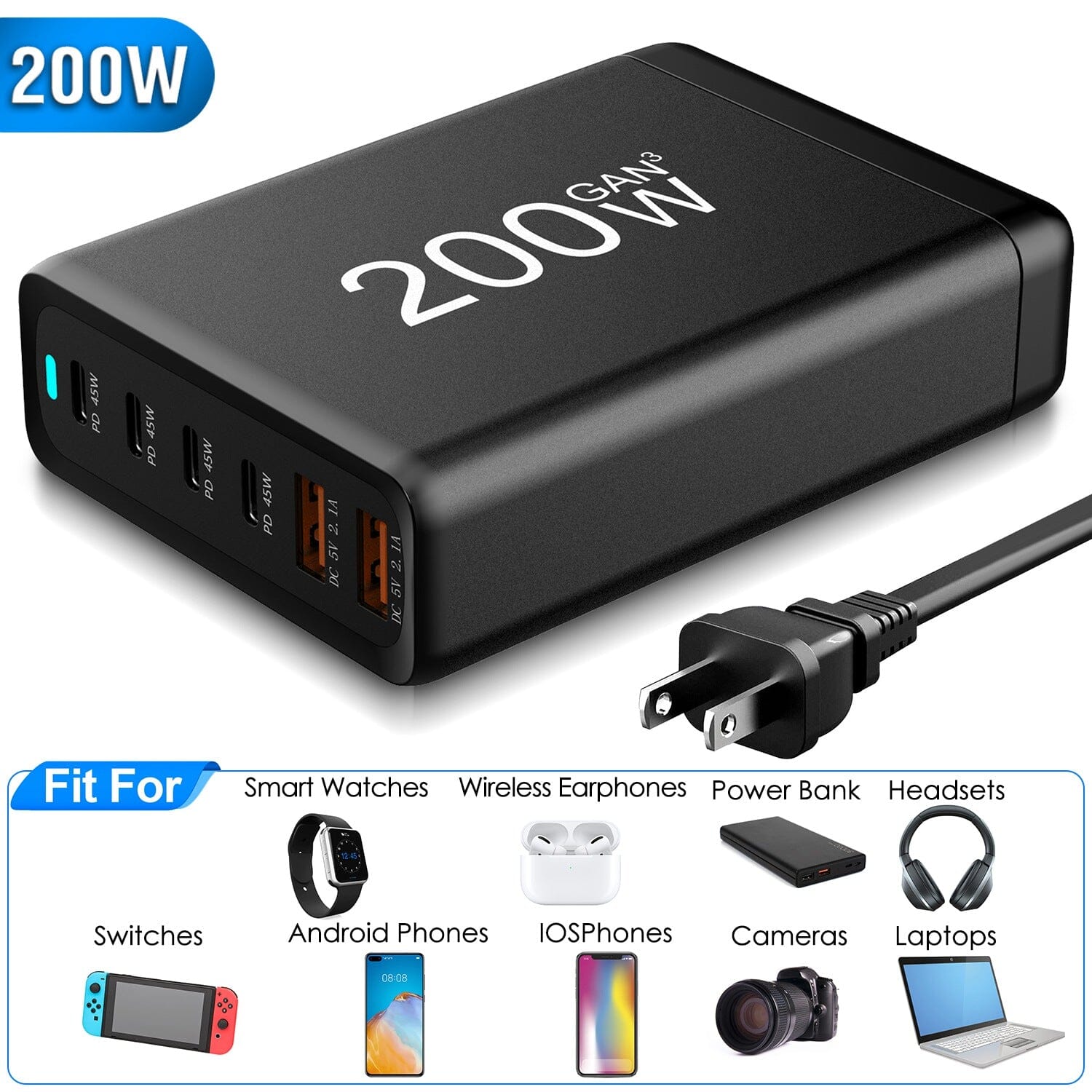 200W Fast Wall Charger with 6 Charging Ports Desktop USB Charging Station Clearance Pre Order