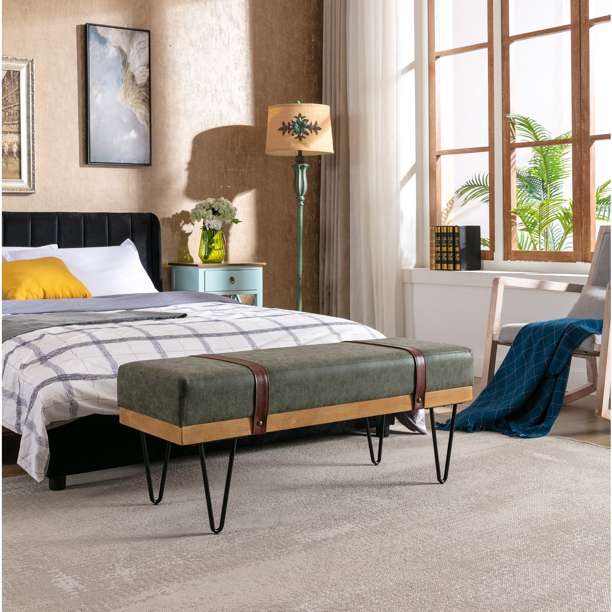 Bench for Bedroom Entryway Linen Ottoman Fabric Upholstered with Soft Cushion and Solid Wood Frame Cheapest Pice