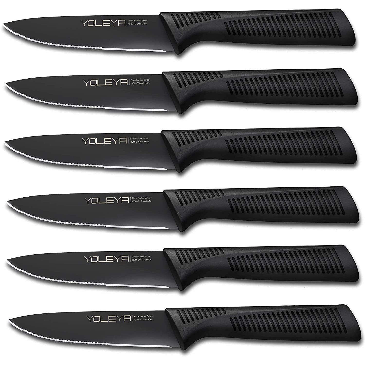 6-Pieces Set: YOLEYA High Carbon German Stainless Steel Black Serrated Steak Knife Set Inexpensive