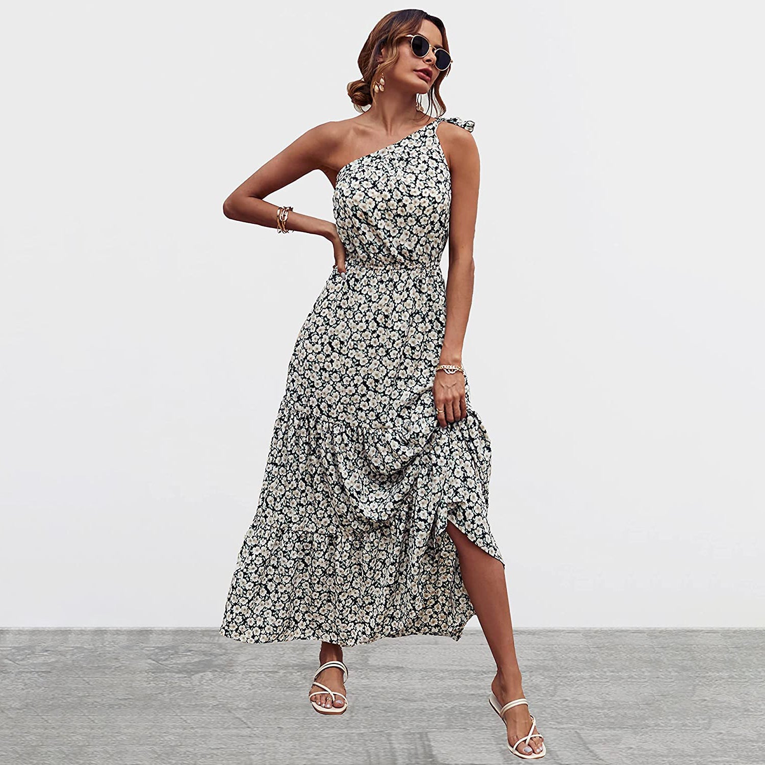 Women's Summer Floral One Shoulder Ruffled Hem Maxi Dresses Marketable Sale Online