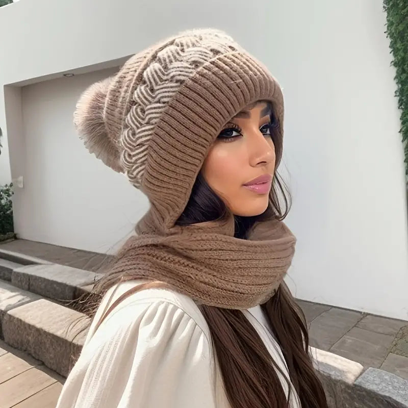 Coldproof Warm Beanie With Pom Classic Hooded Scarf Elastic Knit Hats Warm Beanies Sale Good Selling