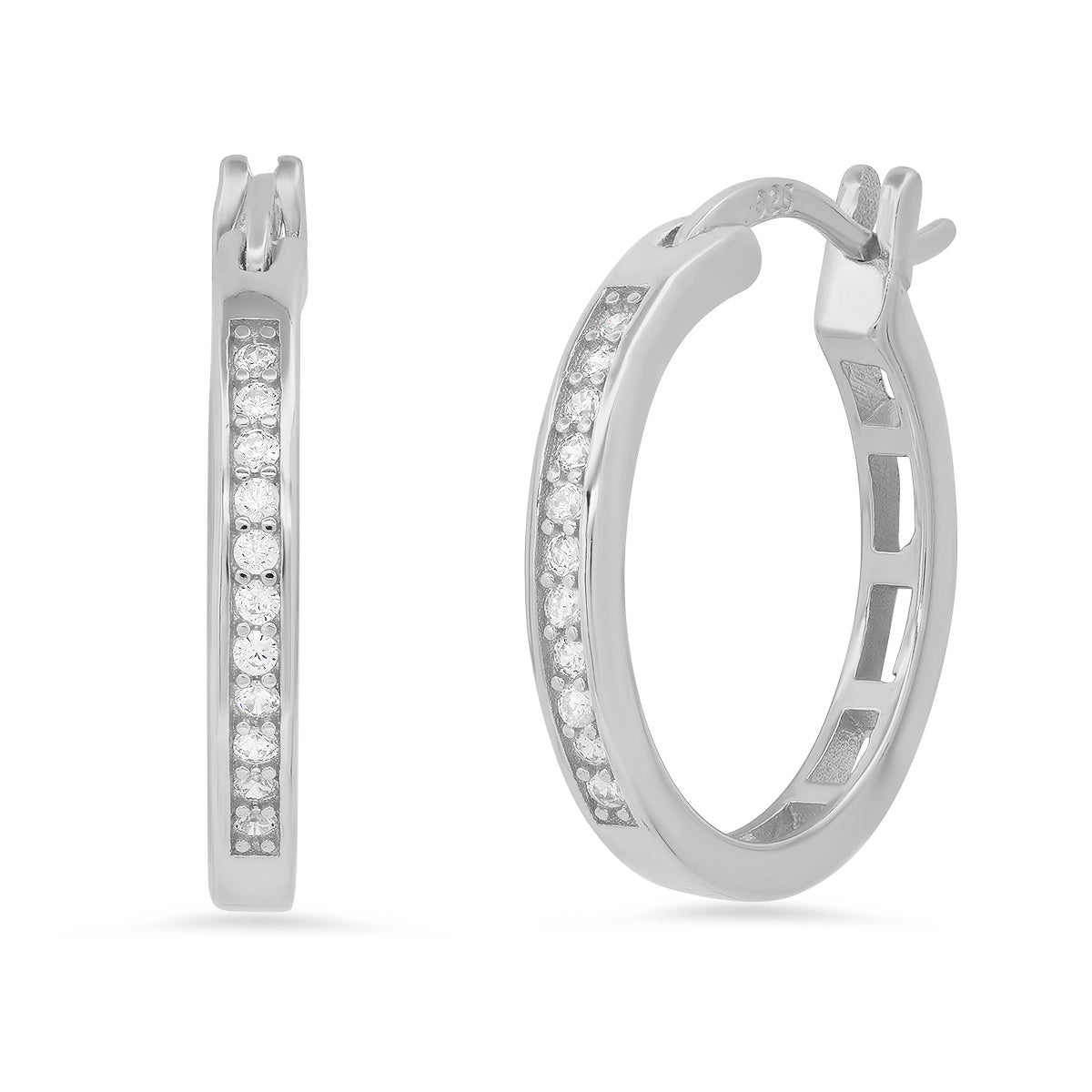 Ladies Sterling Silver and Simulated Diamonds Round Hoops Earrings Classic