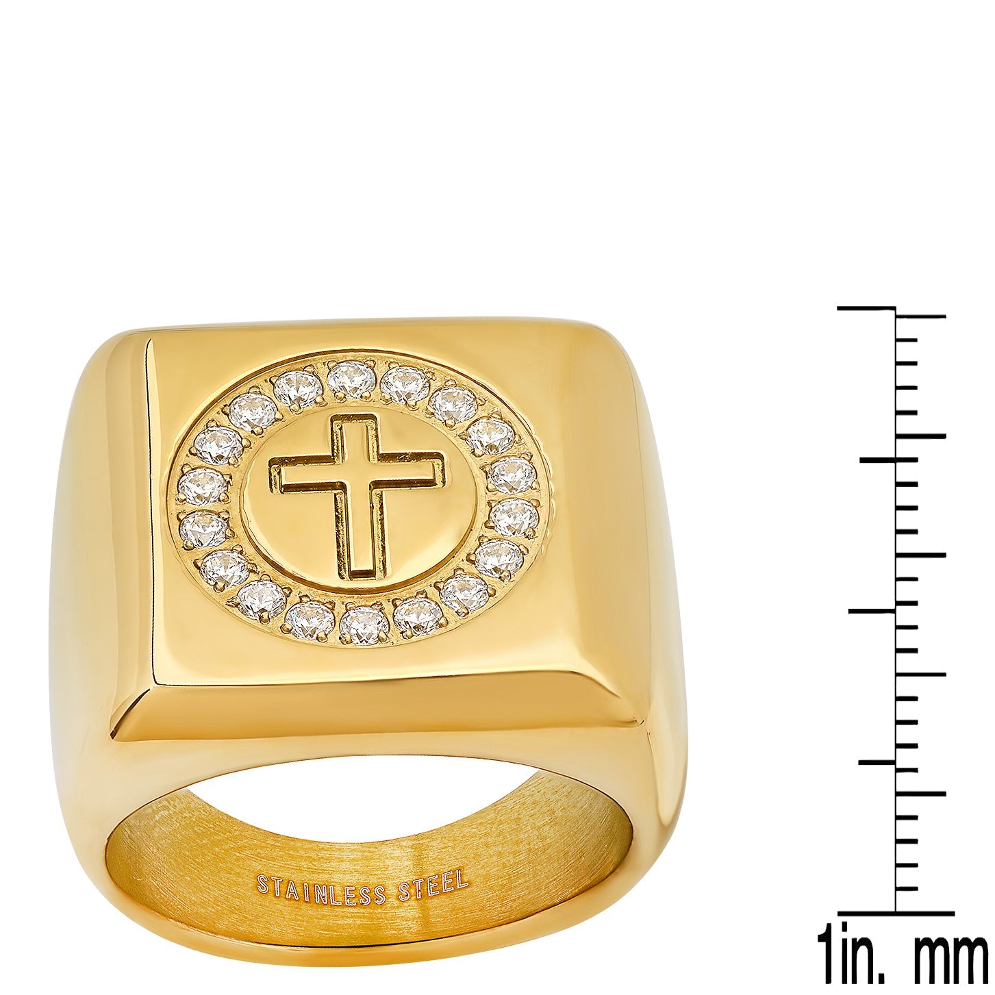 Men's 18k Gold Plated Stainless Steel and Simulated Diamonds Square Cross Ring Cheap Sale Low Cost