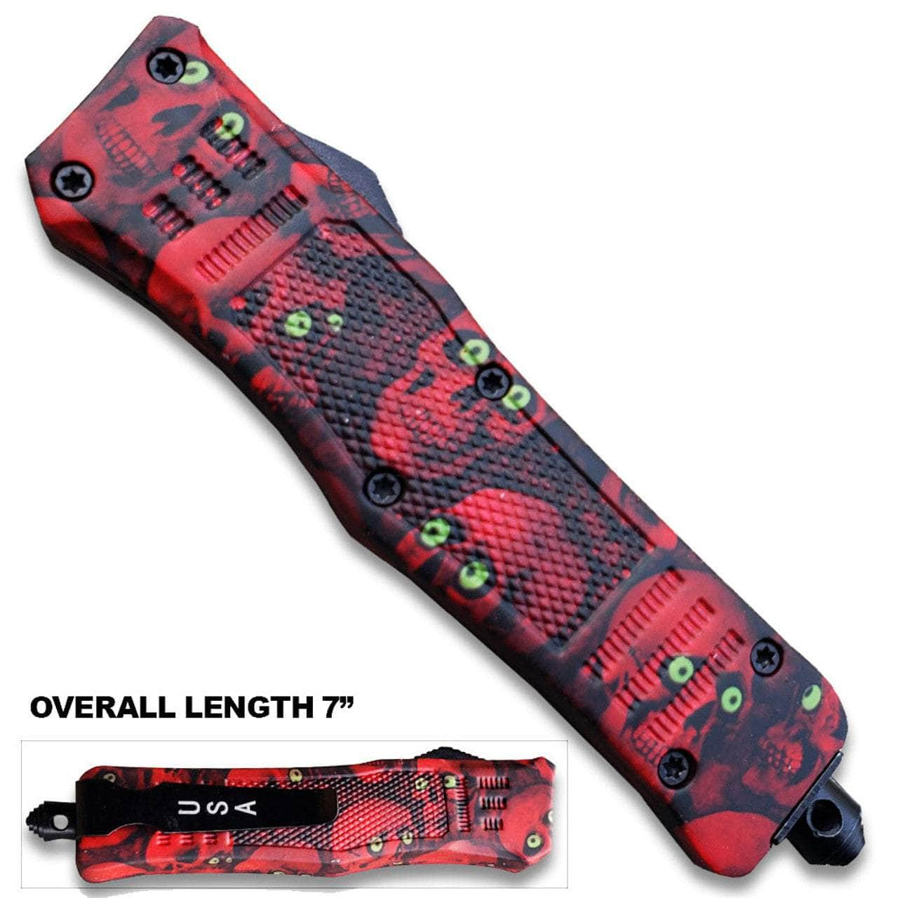 7Overall Drop Point Edged Red Zombie OTF Knife With Green Eye OTFM-11RSK High Quality Cheap Pice