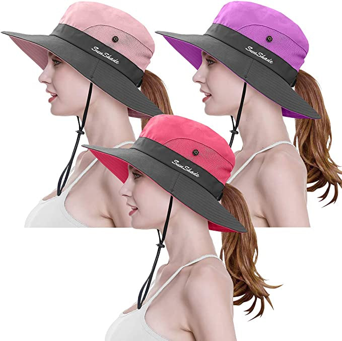 3-Piece: Women's Ponytail Wide Brim Sun Hat Cheap Amazon