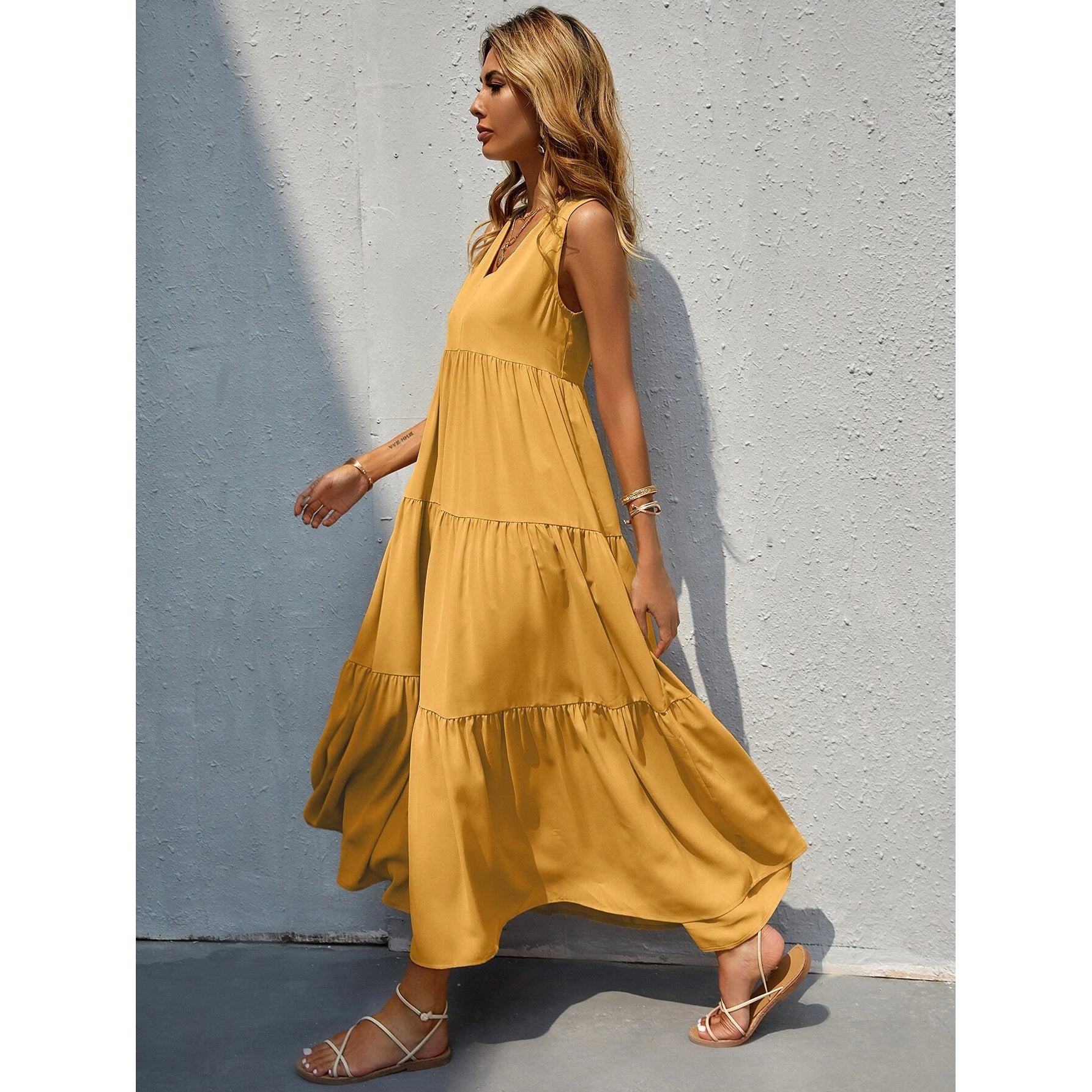 Women's V-neck Ruffle Hem Solid Dress Choice Online