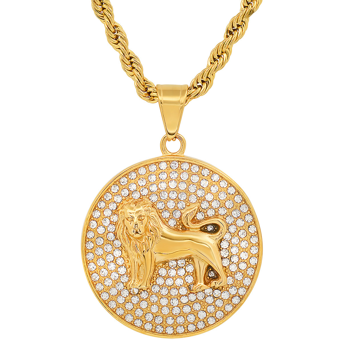 Men's 18k Gold Plated Stainless Steel And Simulated Diamonds Round Lion Pendant Best Pices