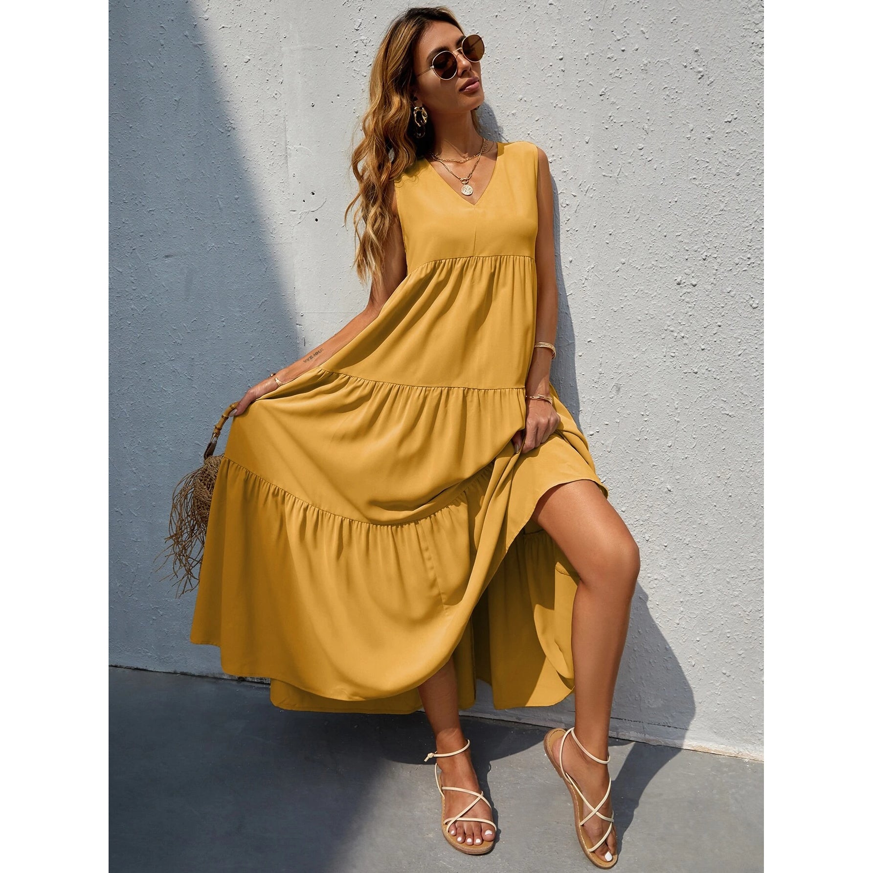 Women's V-neck Ruffle Hem Solid Dress Choice Online