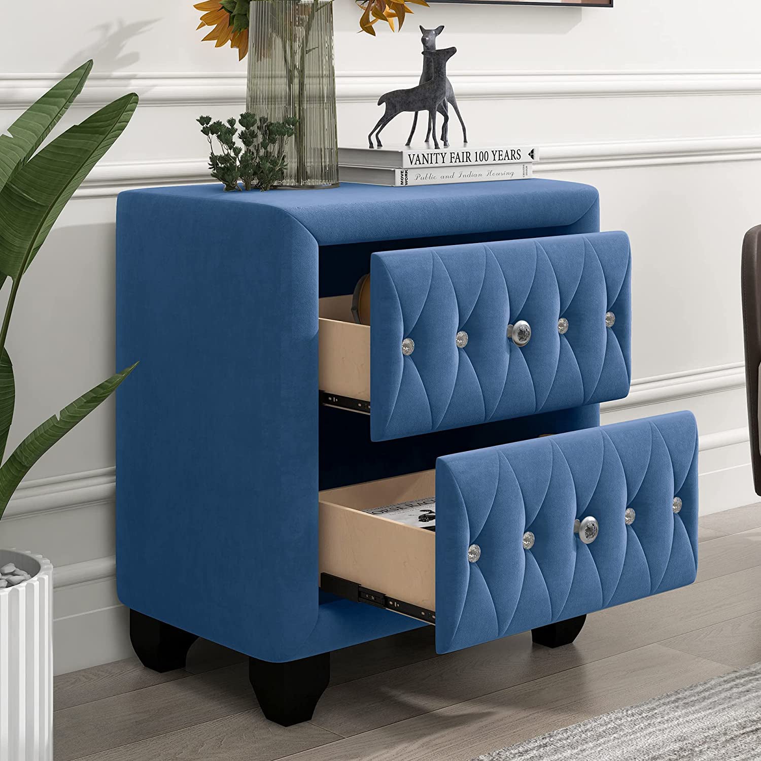 27.9 Tall Bedside Table Blue Upholstered Velvet 2-Drawer Nightstand Websites Online