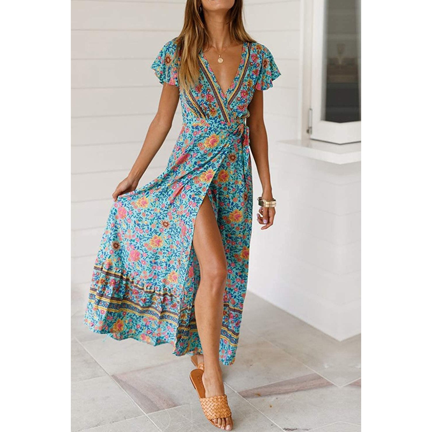 Women Boho Summer Side Split Deep V Neck Short Sleeves Maxi Dress with Belt Cheap Sale Big Sale