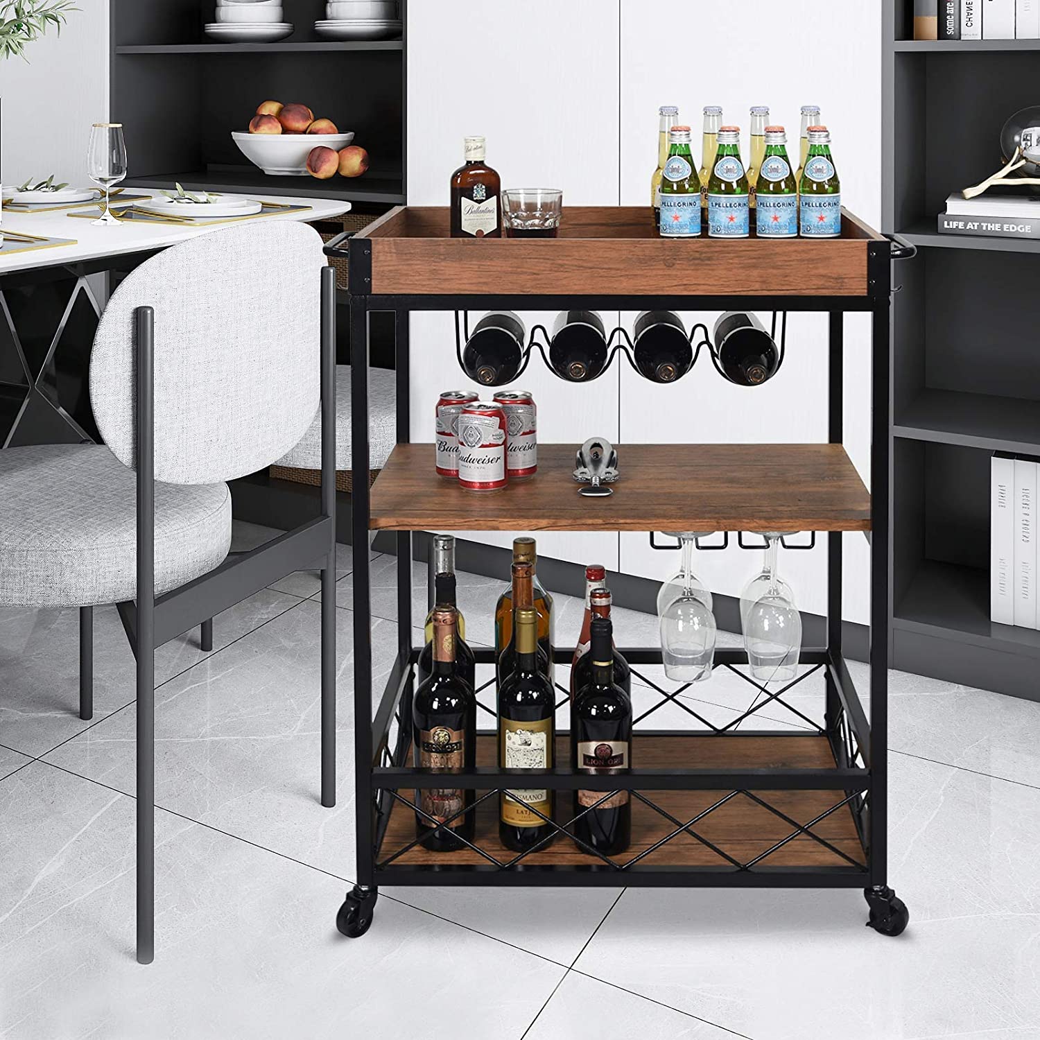 Usinso Industrial Rolling Bar Cart with 3 Tier Storage Shelves Clearance Get Authentic