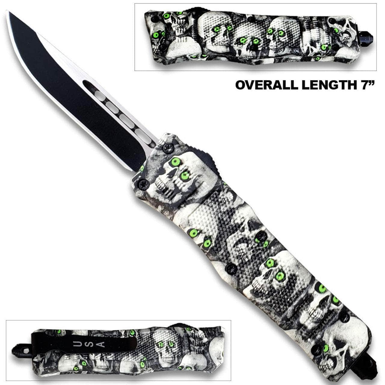 3D Skull with Black & White Zombie Tanto Blade OTF Knife OTFL-12TSK Outlet Geniue Stockist