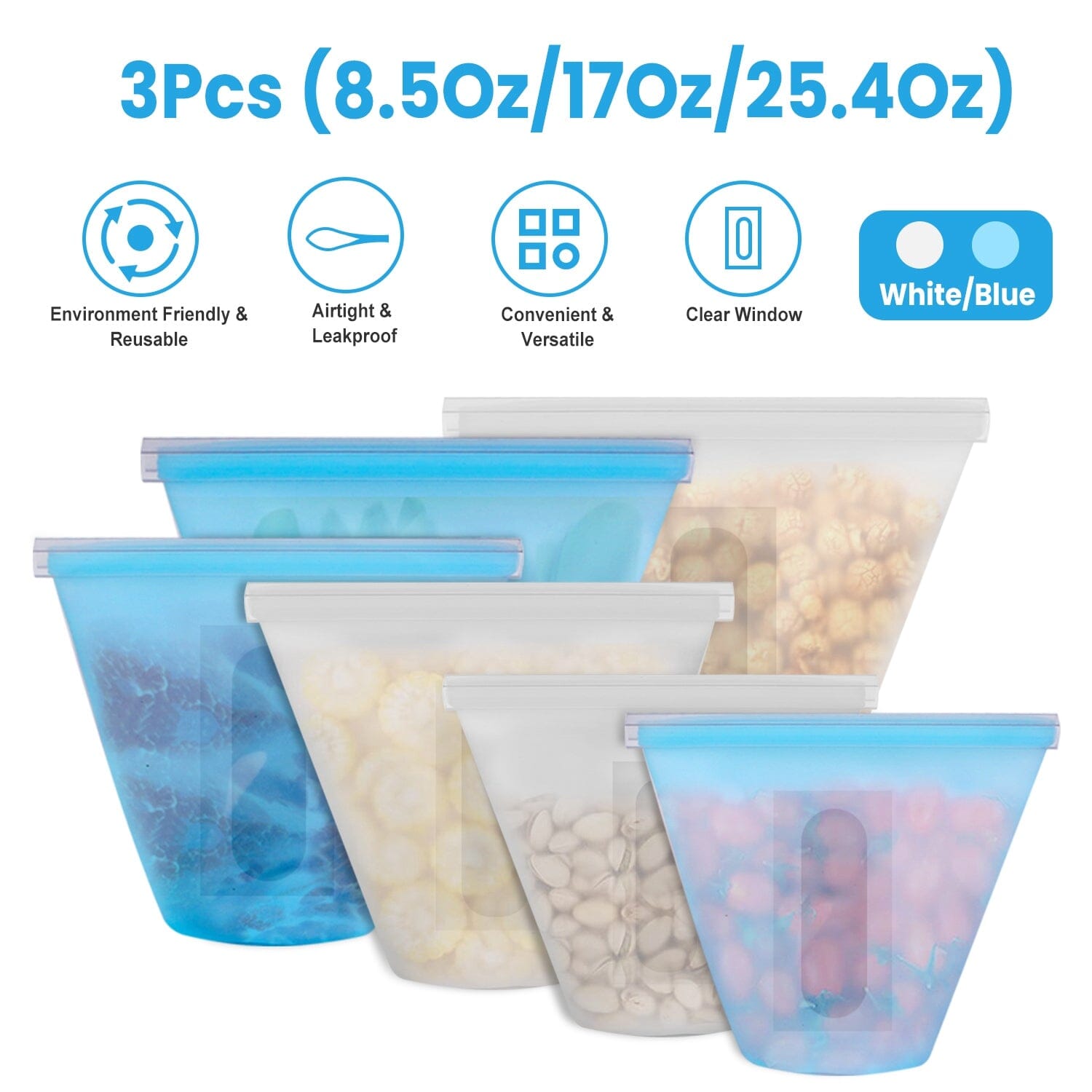 3-Pieces: Silicone Food Storage Bags Reusable Leakproof Food Container Set with 3 Seals Outlet Locations For Sale