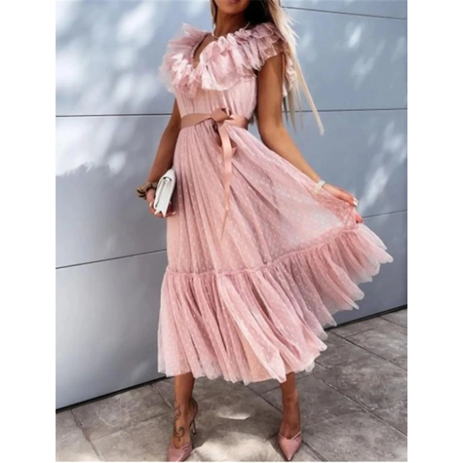 Women's V-Neck Solid Pleated Dress Latest Sale Online