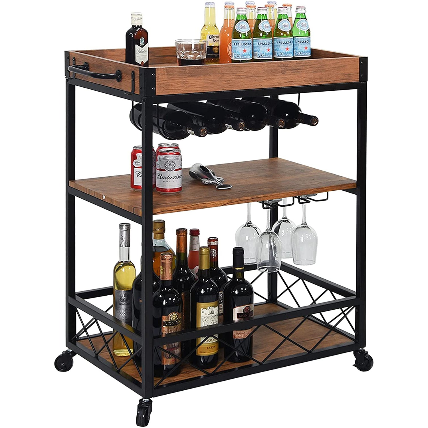 Usinso Industrial Rolling Bar Cart with 3 Tier Storage Shelves Clearance Get Authentic