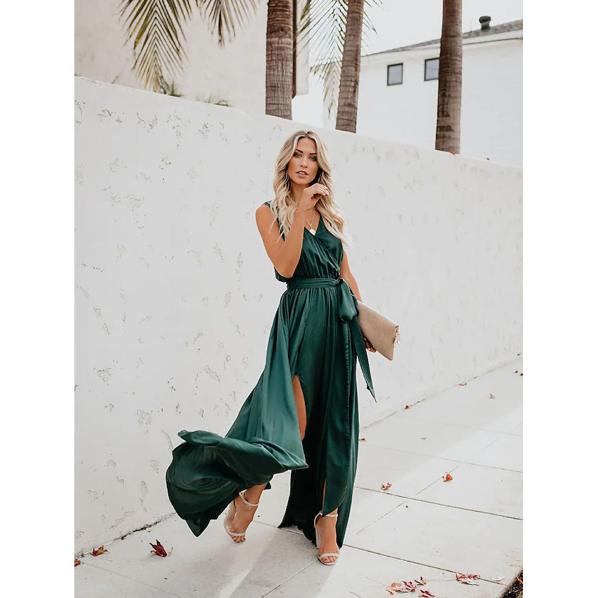 Women's Solid Color Slit Tie Maxi Dress Sale Good Selling