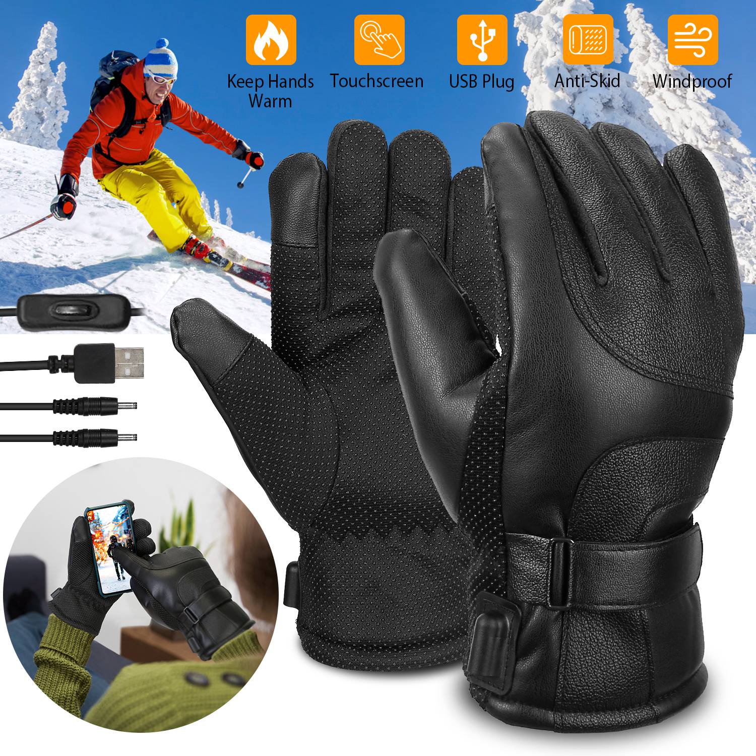 Electric Heated Touchscreen Thermal Gloves Leather USB Plug Cost For Sale