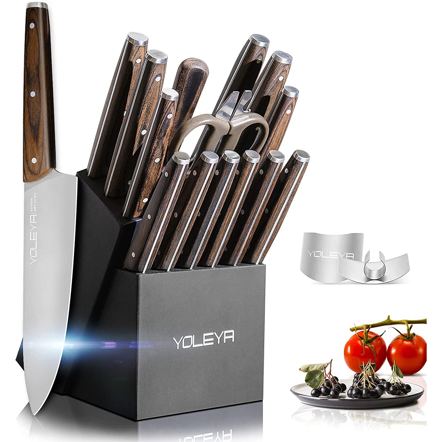15-Pieces Set: YOLEYA Kitchen Knife Set with Block Wooden Triple Rivets Outlet Newest