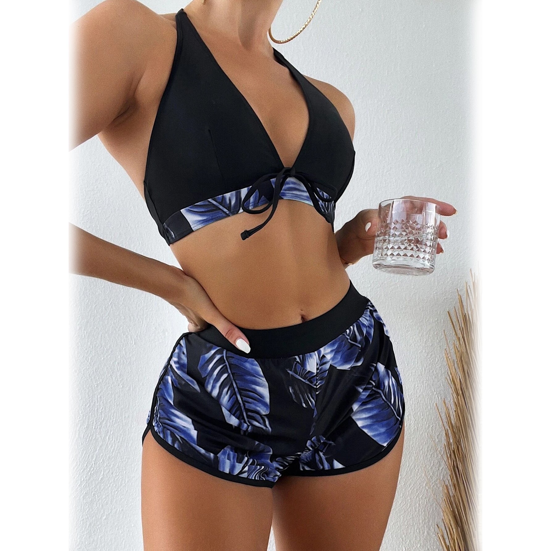 Tropical Print Halter Bikini Swimsuit with Swim Short Best Place For Sale