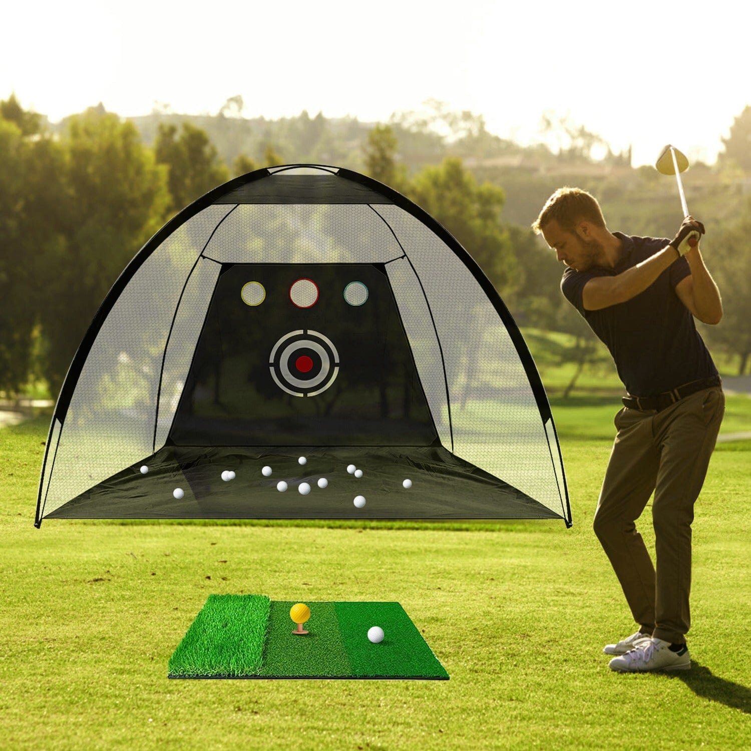 Golf Training Aids Driving Hitting Nets with Tri-Turf Golf Mat Target Cloth 10 Golf Balls 7 Golf Tees 2 Rubber Golf Tee Holders Carry Bag for Indoor Outdoor Sports Free Shipping Best