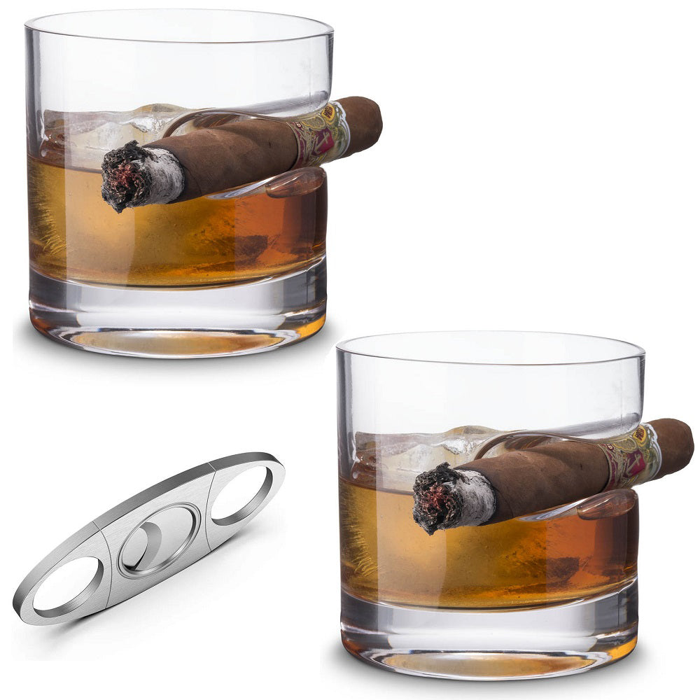 3-Piece Set: Cigar-Holding Whiskey Glasses with Cigar Cutter Cheap Perfect