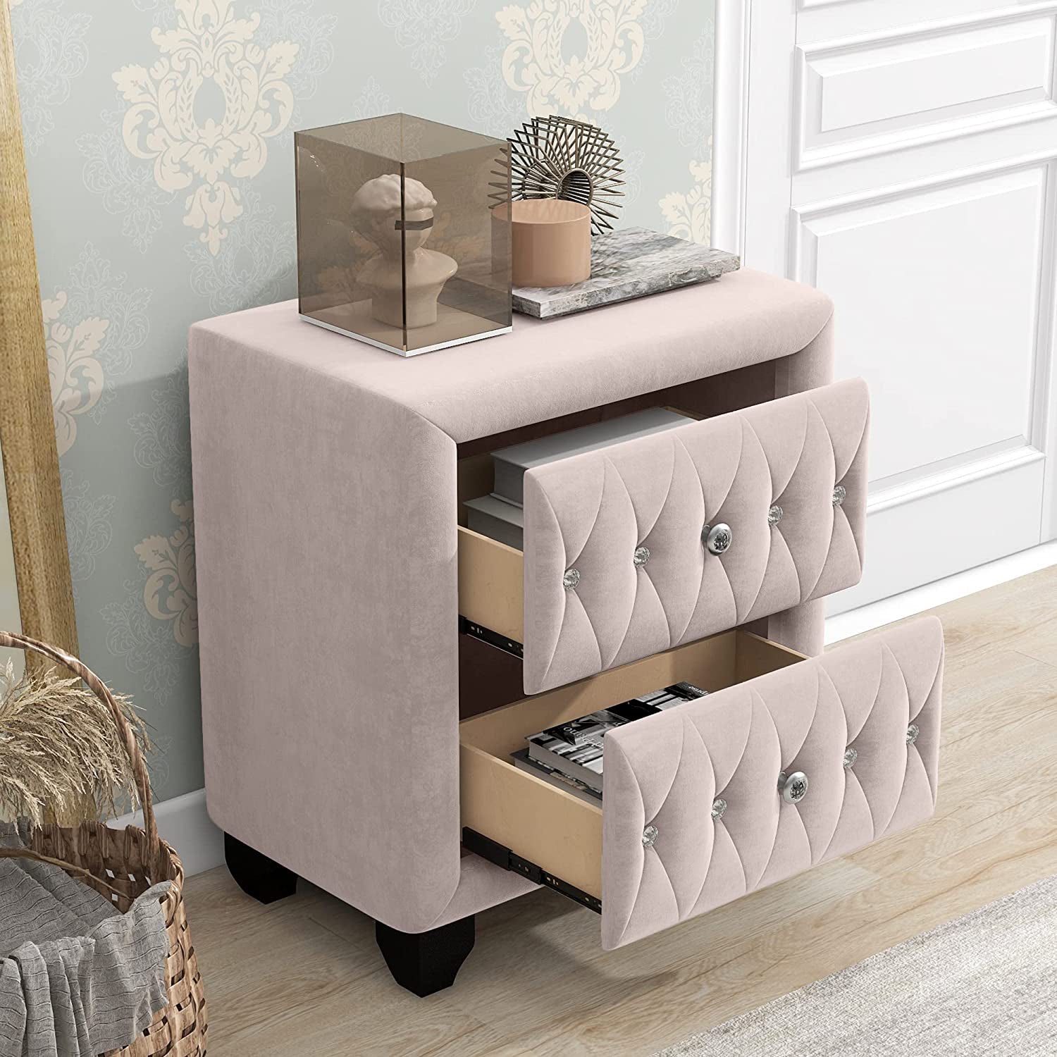 27.9 Tall Bedside Table Blue Upholstered Velvet 2-Drawer Nightstand Websites Online