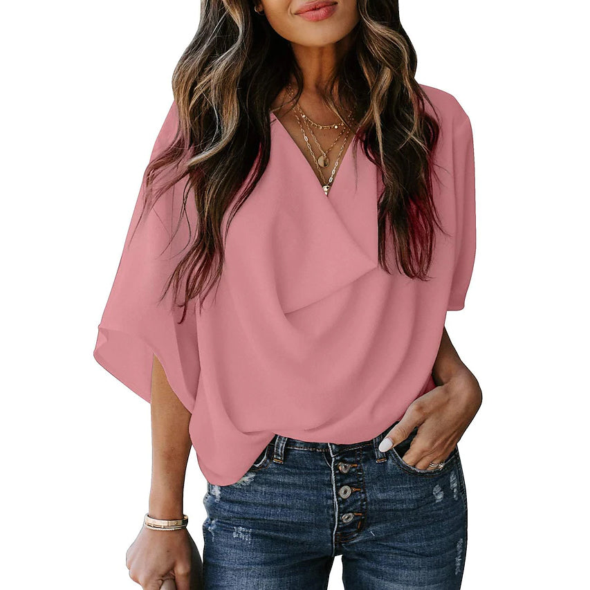 Women's Blouse Plain V Neck Basic Tops Free Shipping Sast