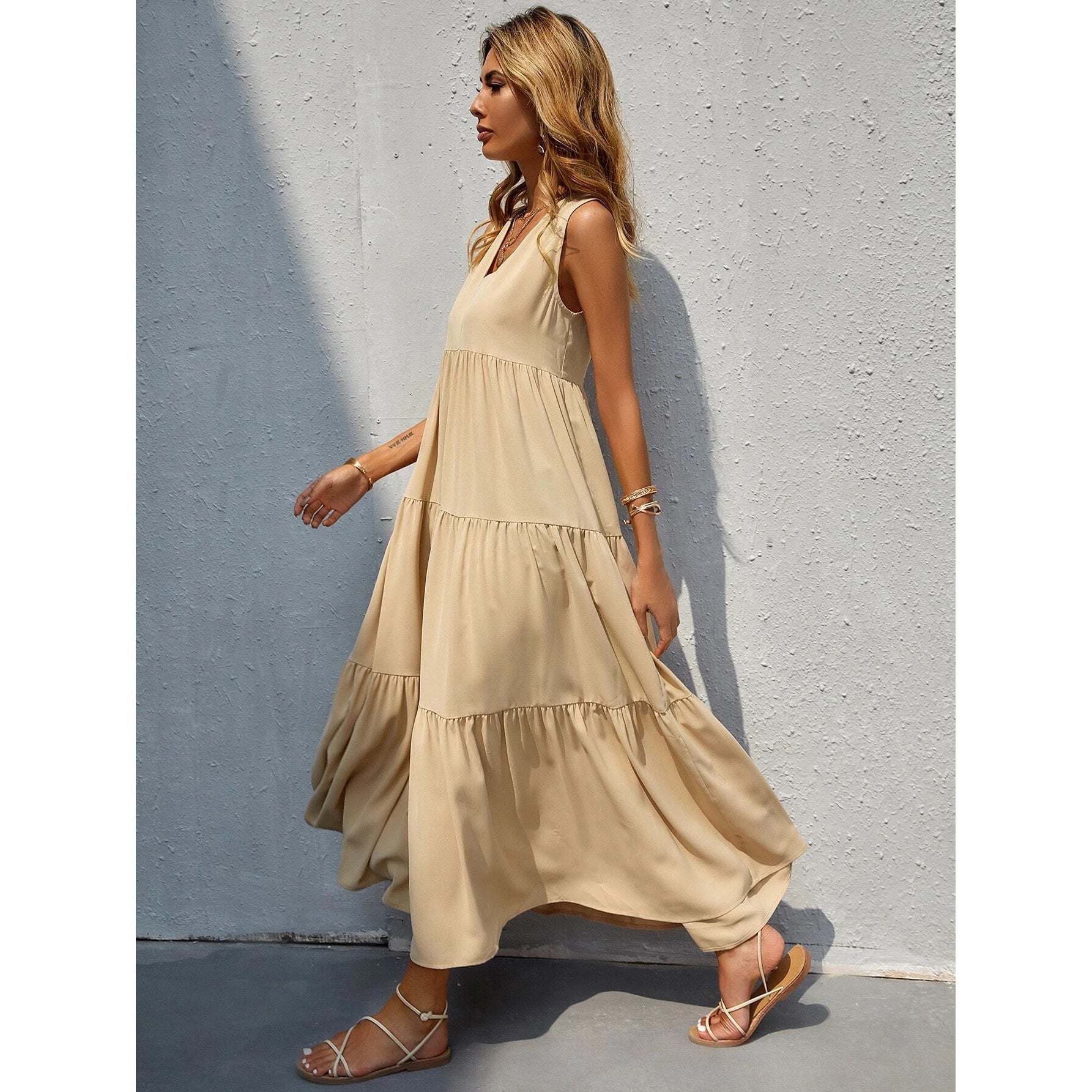 Women's V-neck Ruffle Hem Solid Dress Choice Online