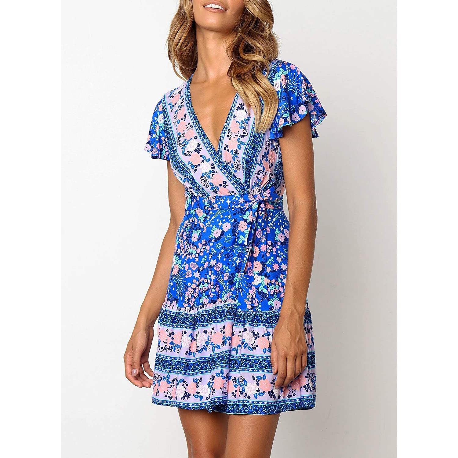 Women's Summer Wrap V Neck Bohemian Floral Print Mini Dress Cheap Geniue Stockist