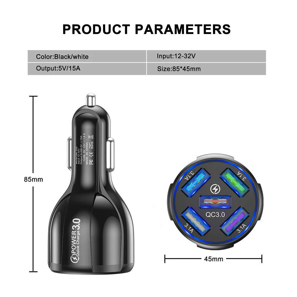 5 Port USB Fast Car Charger with LED Display Grey Outlet Store Online