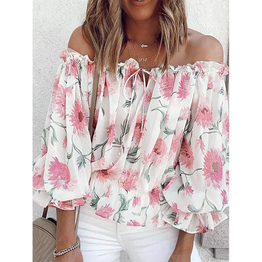 Women's T-Shirt Floral Print Off Shoulder Top Puff Sleeves Amazon For Sale