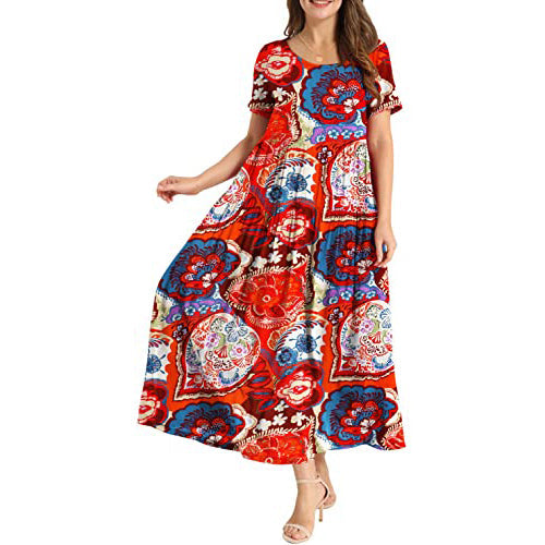 Women Casual Loose Bohemian Floral Dress Cheap High Quality