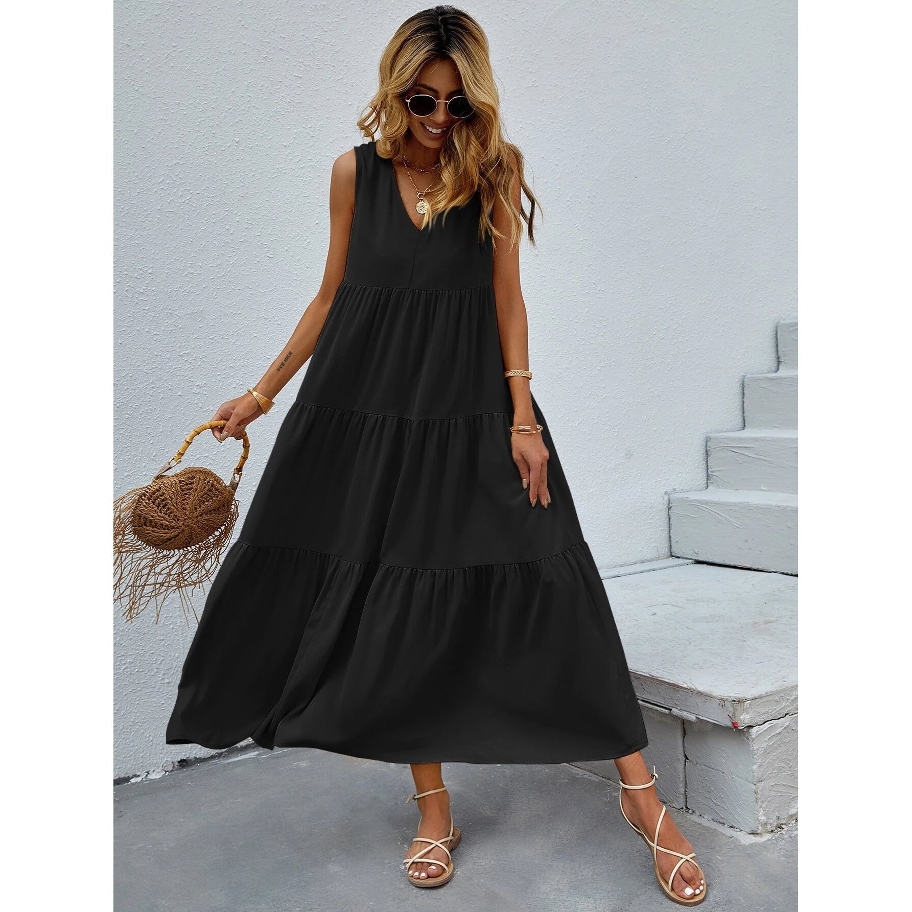 Women's V-neck Ruffle Hem Solid Dress Choice Online