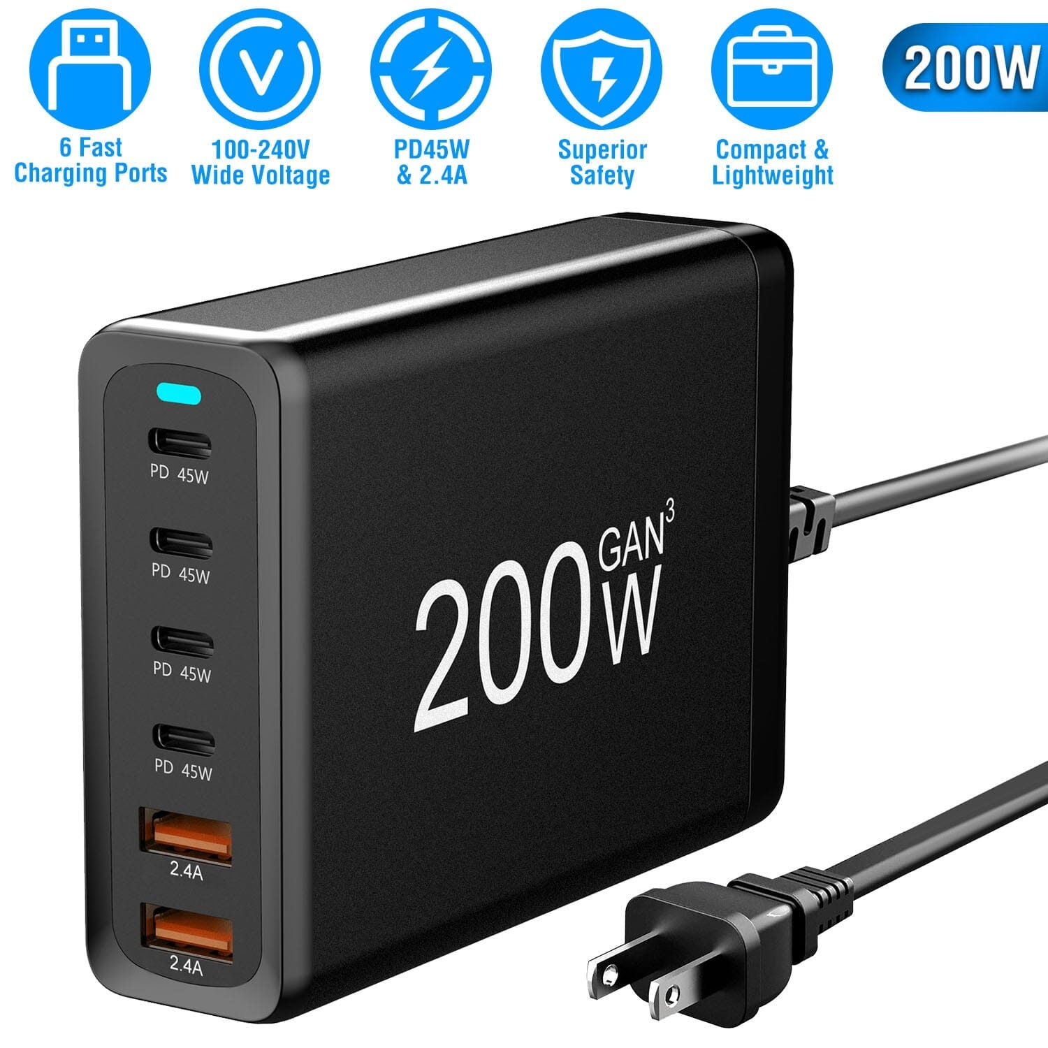 200W Fast Wall Charger with 6 Charging Ports Desktop USB Charging Station Clearance Pre Order