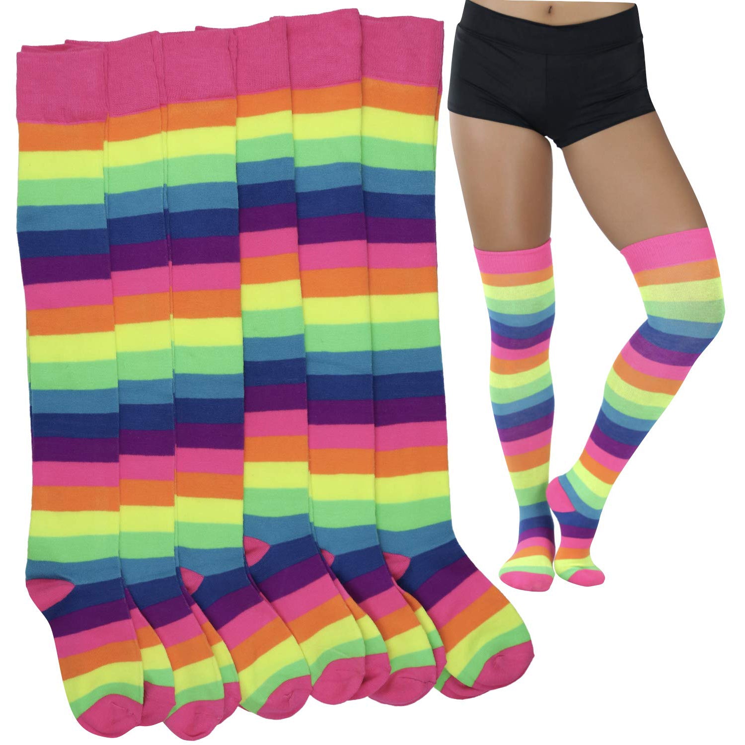 6-Pack: ToBeInStyle Women's Bright Rainbow Striped Thigh High Rave Stockings Best Place Sale Online