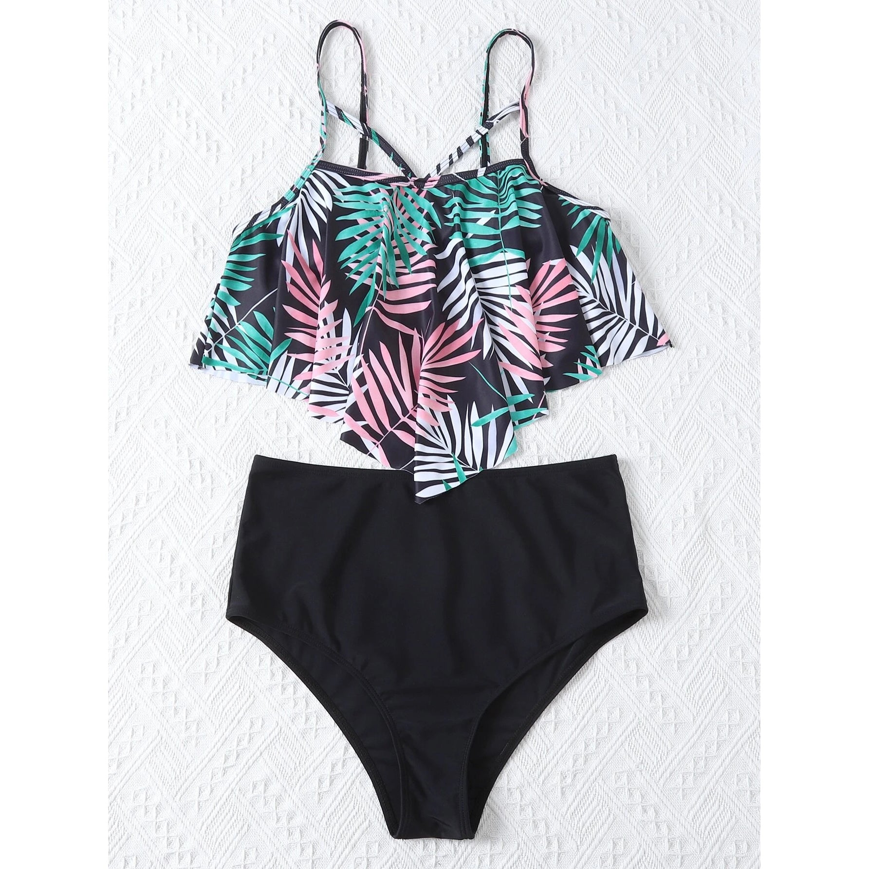 Leaf Print Hanky Hem High Waisted Bikini Swimsuit Cheap Online Online