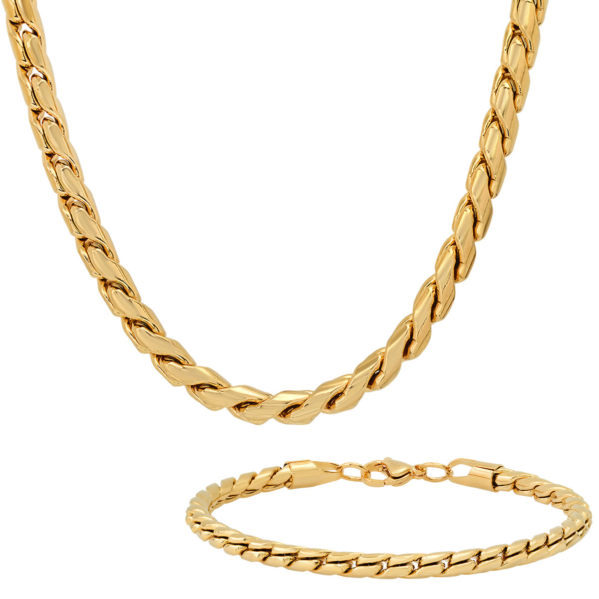 2-Piece Set: Men's 18k Gold Plated Stainless Steel Round Twisted Fancy Link Necklace & Bracelet Clearance Clearance